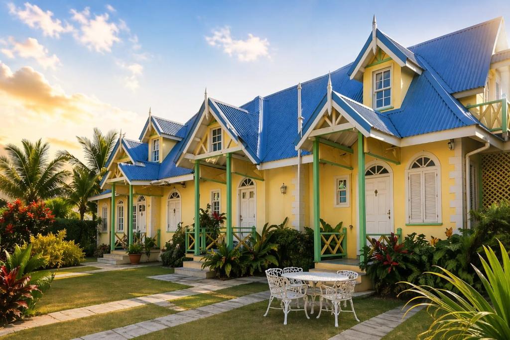 a large yellow house with a blue roof at Villa Nirvana II in Mount Irvine