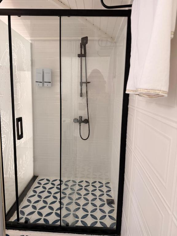 a shower with a glass door in a bathroom at Üzüm İskelesi in Ahmetçe