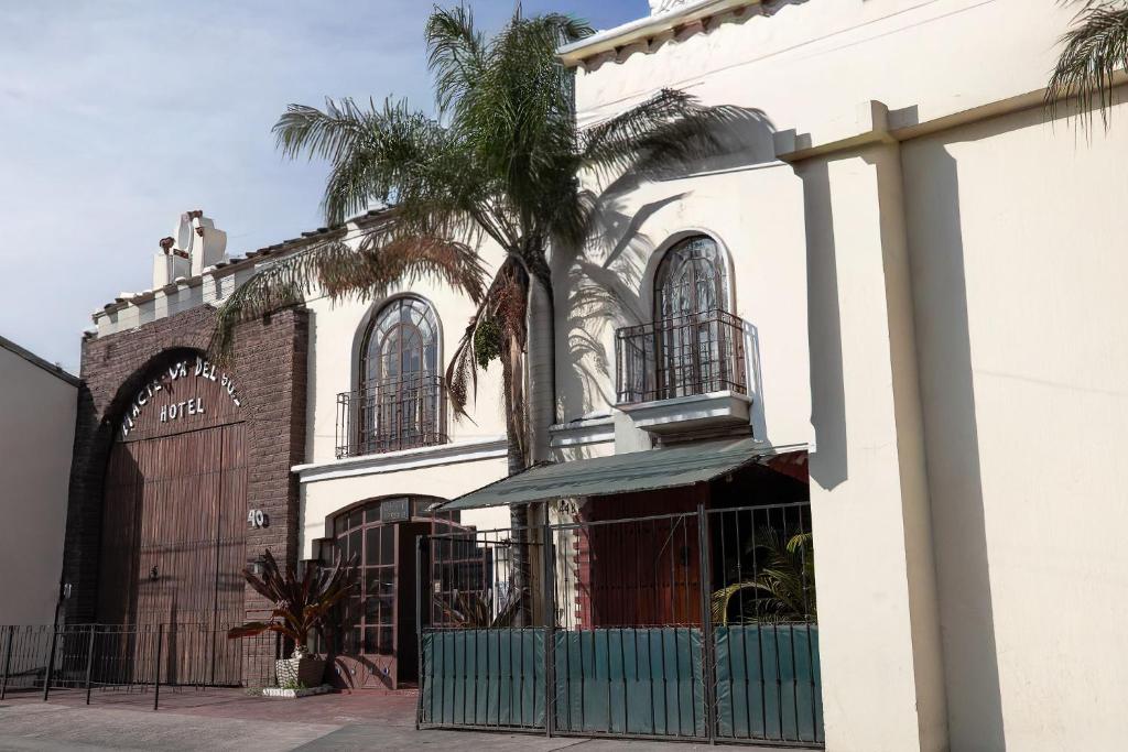 a building with a palm tree in front of it at Hotel Hacienda del Sol in Tonalá