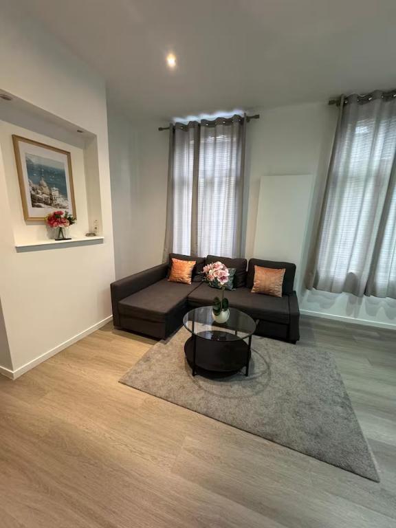 a living room with a couch and a table at Stylish 1BR Apartment with Sofa Bed in the Heart of Liège in Liège