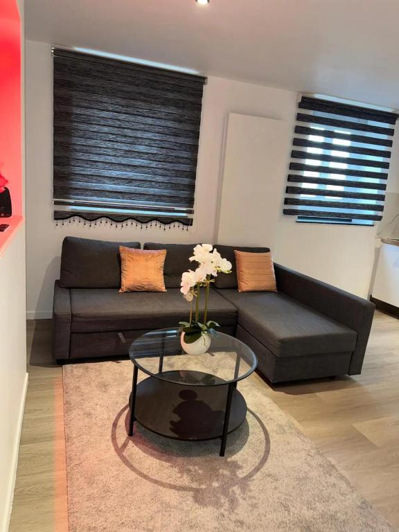 a living room with a couch and a glass table at Chic Design and Modern Comfort - 1BR with Sofa Bed in Liège
