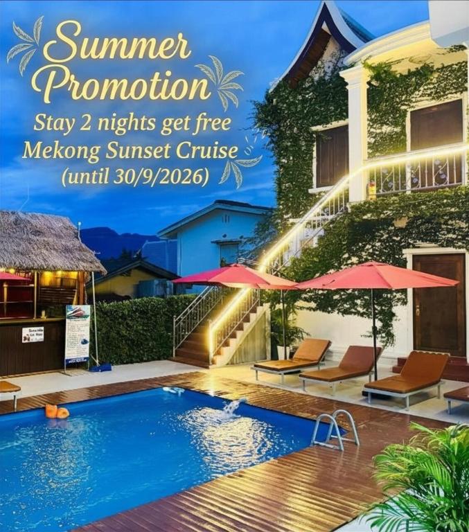 a poster of a resort with a swimming pool and umbrellas at Sabai Sabai Backpackers Hostel in Luang Prabang