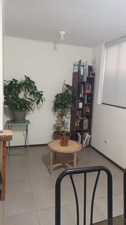 a room with a table and potted plants in it at Casa Linares in Linares