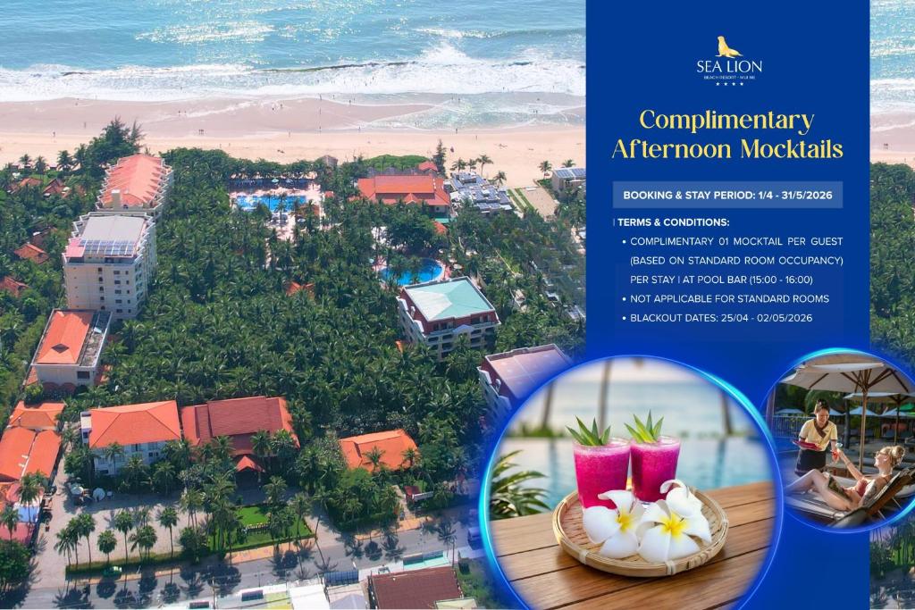 a flyer for a resort with two complimentary afternoon cocktails at Sea Lion Beach Resort Mui Ne in Mui Ne