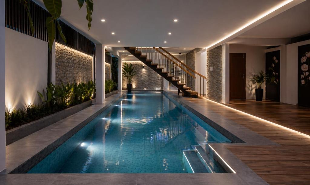 a swimming pool in the middle of a house at Casa Verde in Cochin