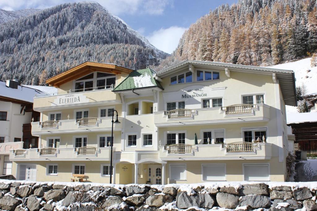 a large building in front of a mountain at Mutmanör in Ischgl