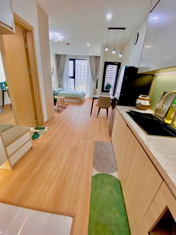 a kitchen and living room with a green rug at Green Chill Studio in An Khê