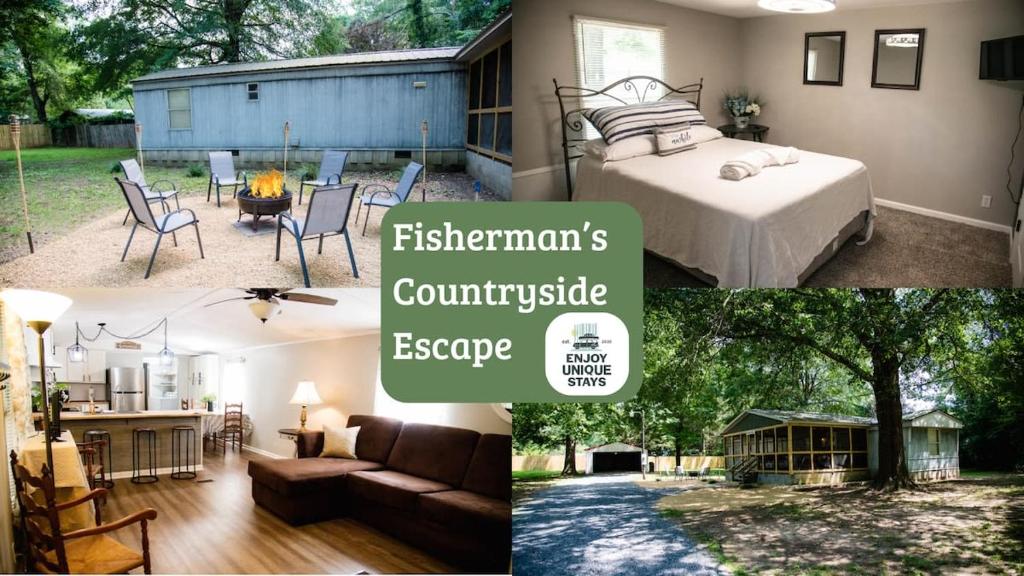 a collage of pictures of a bedroom and a backyard at Fisherman's Countryside Escape in Scottsboro