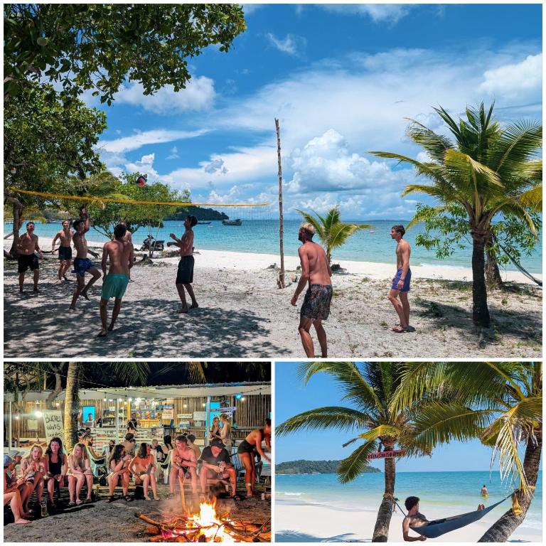 a collage of photos with people on the beach at Utopia Koh Rong in Koh Rong Island