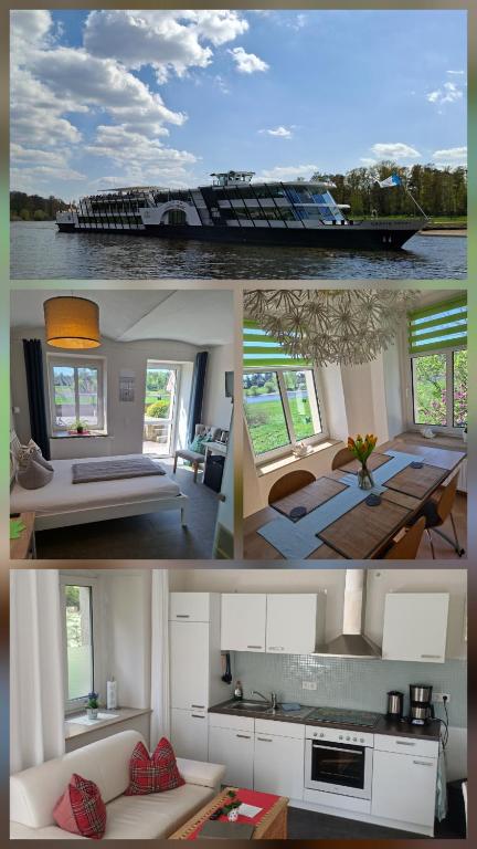 a collage of three pictures of a cruise ship at Plantagengut Hosterwitz in Dresden