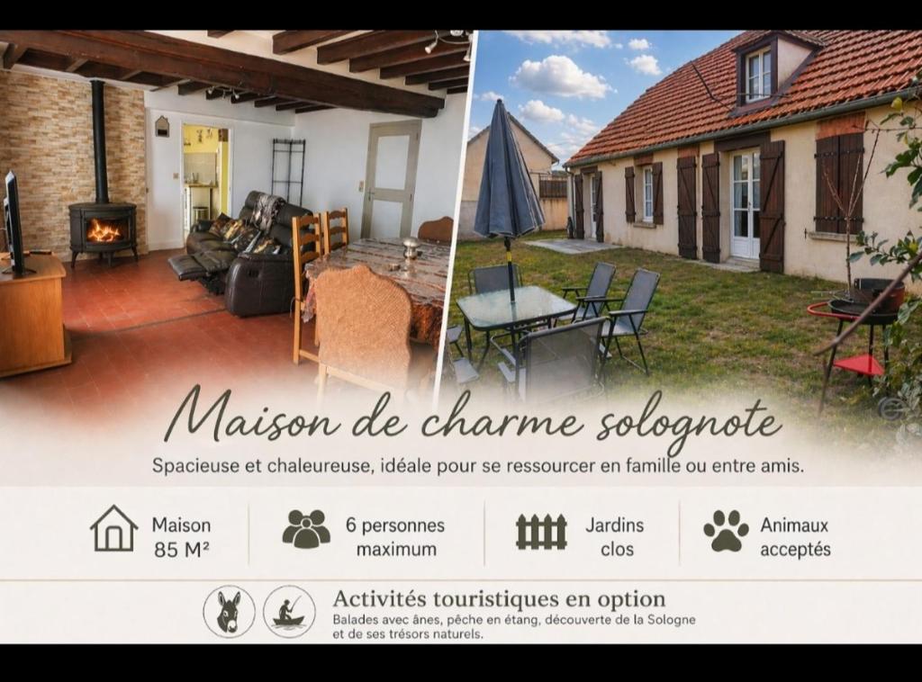 a flyer for a home with a picture of a house at Maison de charme solognote in Neung-sur-Beuvron