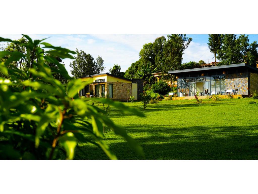 a house in a green field with a building at Eben Lake Kivu cottages and Villas in Kagano