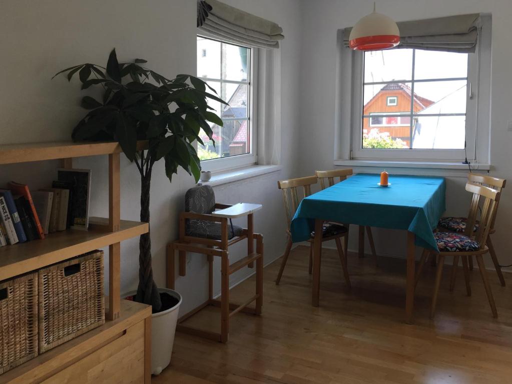 une salle à manger avec une table bleue et une plante en pot dans l&#39;établissement Apartment Haus Wieser, à Gröbming