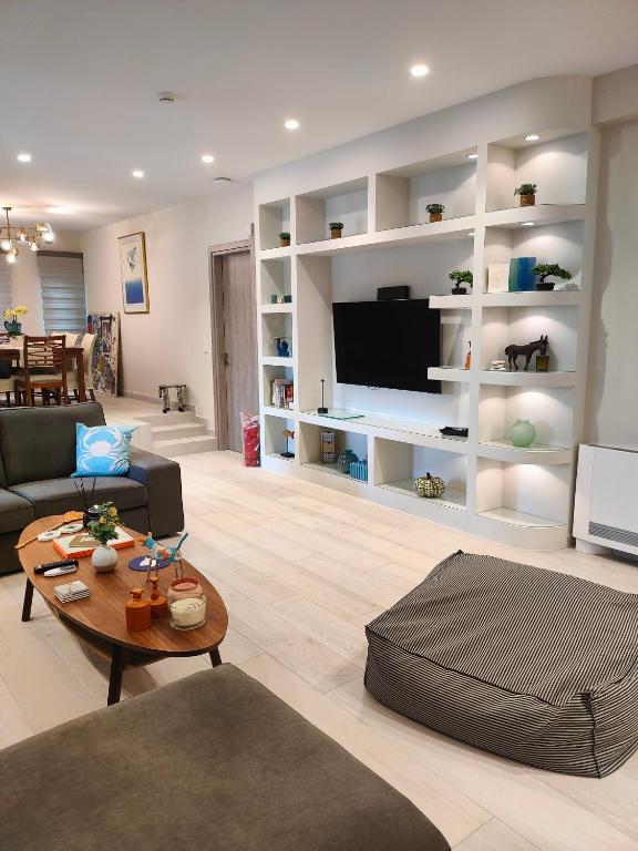 a living room with a couch and a tv at THALIA, luxury 3Br Home with Ensuite Bathrooms, just 3 minutes walk from the beach located in the prestigious Athenian Riviera in Athens