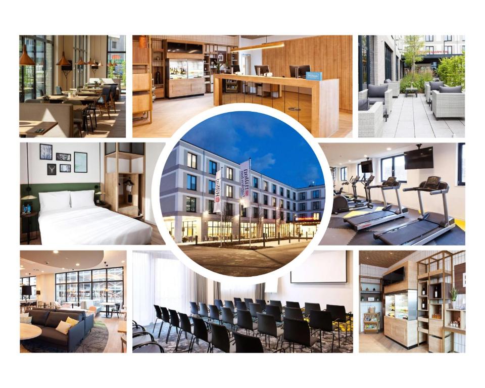 a collage of pictures of a building at Hilton Garden Inn Munich Messe in Feldkirchen