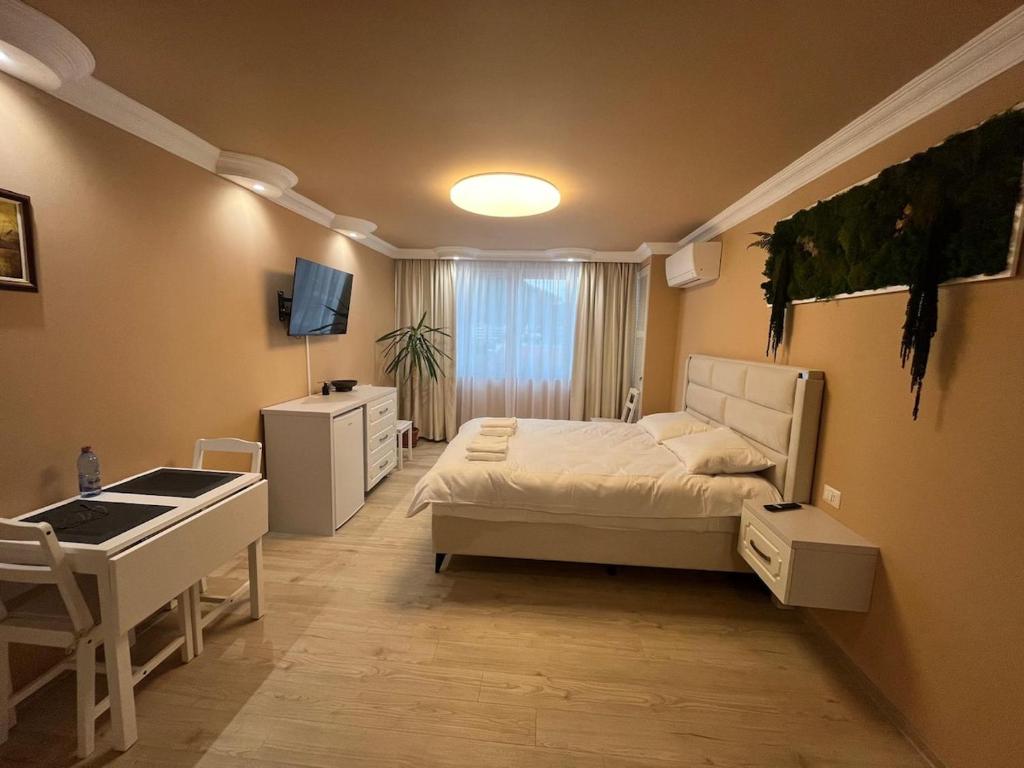 a small bedroom with a bed and a sink at Emanuela Home in Piatra Neamţ