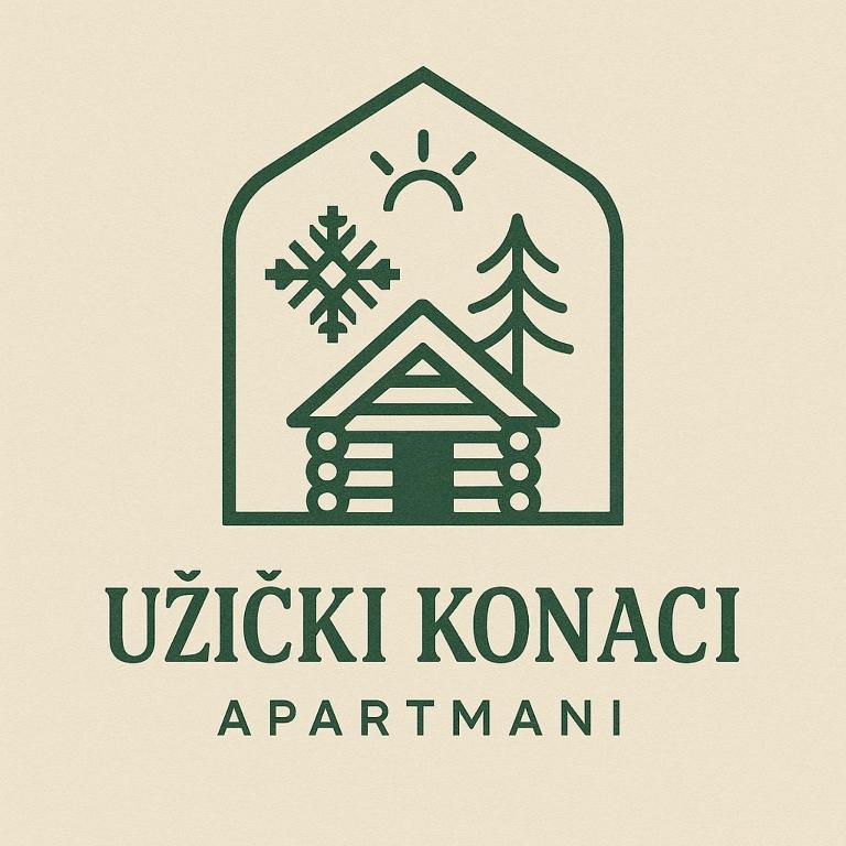 a logo for a resort with a cabin and trees at Uzicki-konaci in Užice
