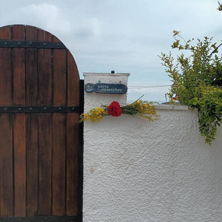 a wall with a gate with a flower on it at Maria Apostolou villa in Almiros