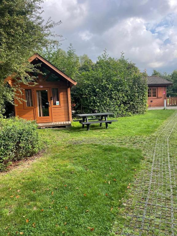 a wooden cabin with a picnic table in the grass at Urban gardens Ieper - Basic blokhut in Ieper
