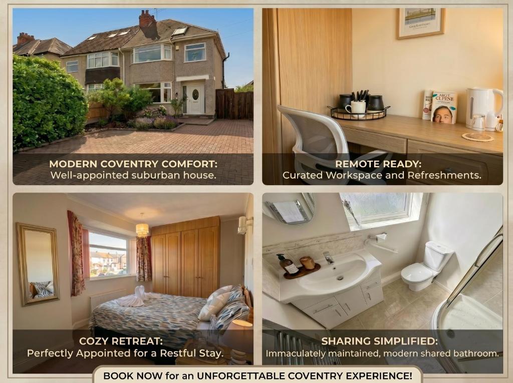 a collage of three pictures of a house at Tharsh Peaceful Escape Double Room with Shared Bathroom in Coundon