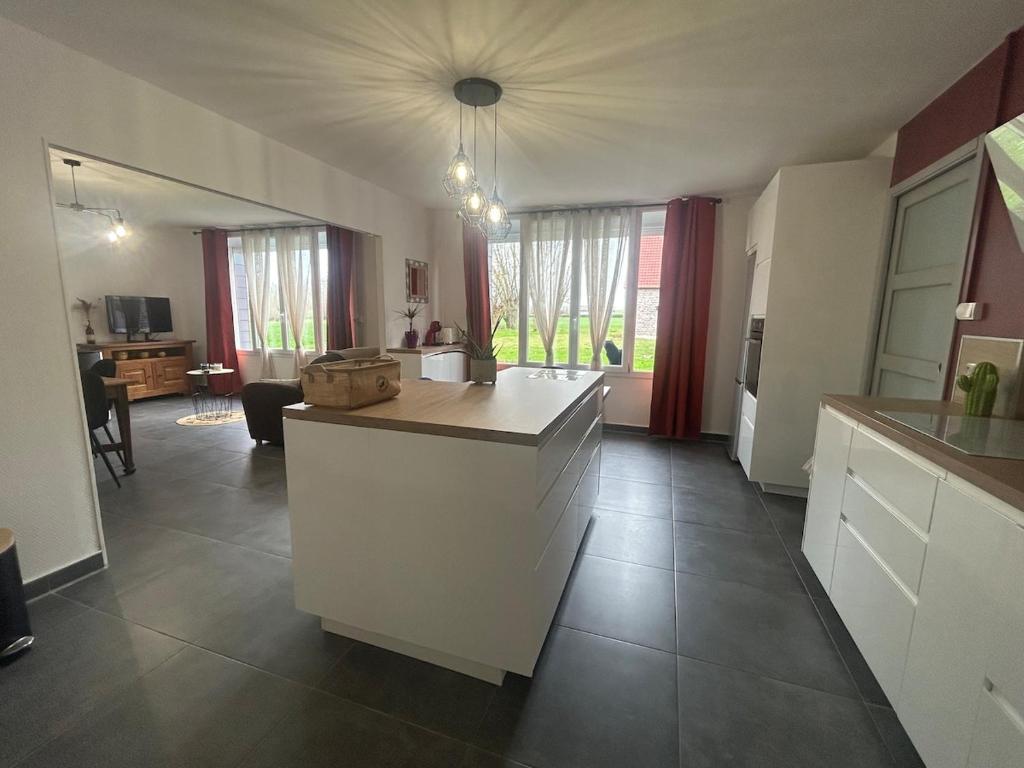 a kitchen with an island in the middle of a room at Gîte à l'étable in Terdeghem