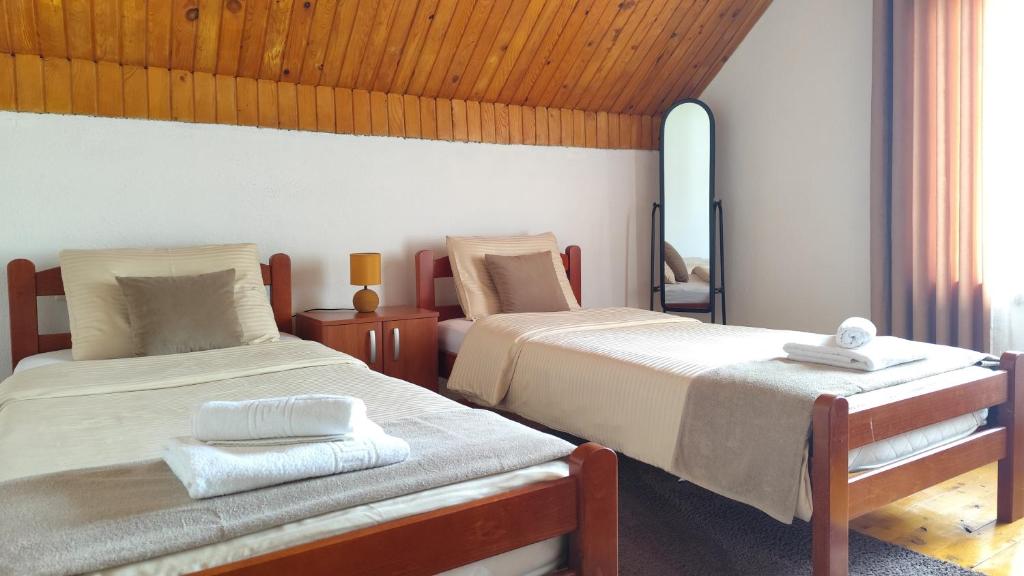 a bedroom with two beds and a mirror at Nest for rest in Mojkovac