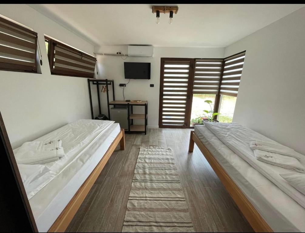 a bedroom with two beds and a television in it at Anchor Boutique- Clisura Dunării in Liborajdea