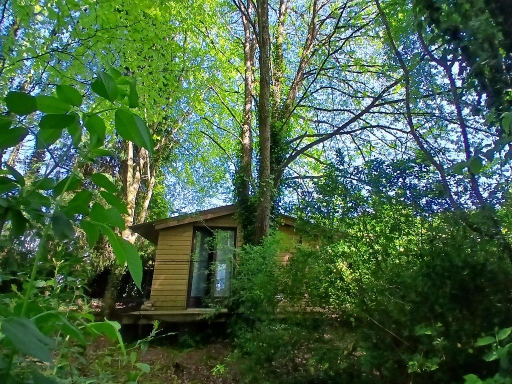 a small cabin in the woods with trees at Le Temple Ysambre in Malansac