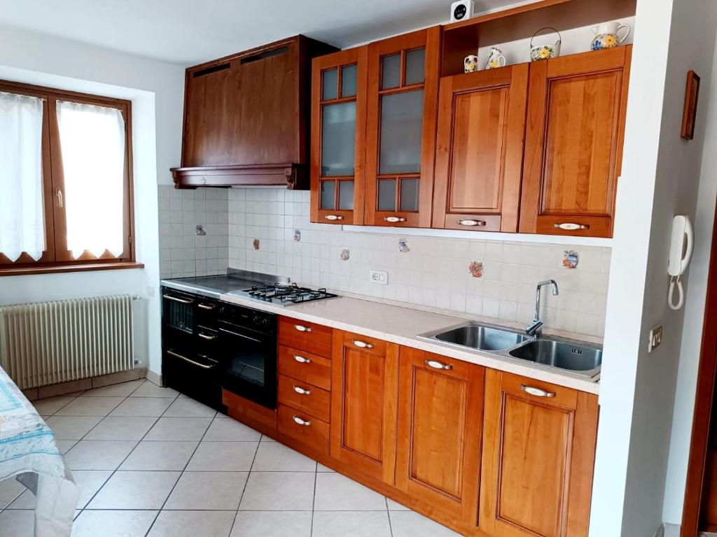 a kitchen with wooden cabinets and a sink at Dolomiti Alpine Homes - Appartamento Brenta in Giustino