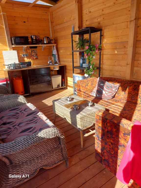 a living room with furniture in a wooden cabin at Pori-Kõrtsi talu in Nasja
