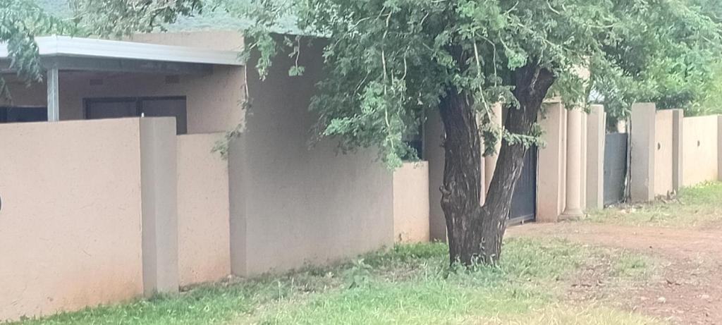 a tree in front of a building with a wall at Mkhuzewamanzi Accommodation in Mkuze
