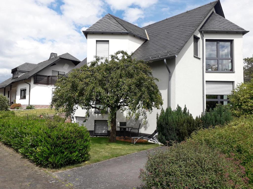 a white house with a tree in front of it at Ferienwohnung Gaß in Kastellaun