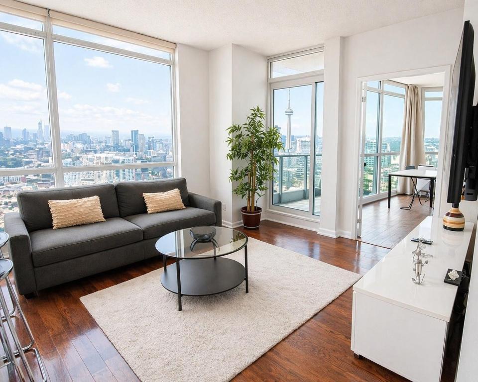 a living room with a couch and a table at 2 Bedroom Condo With City Views and Free Parking in Toronto