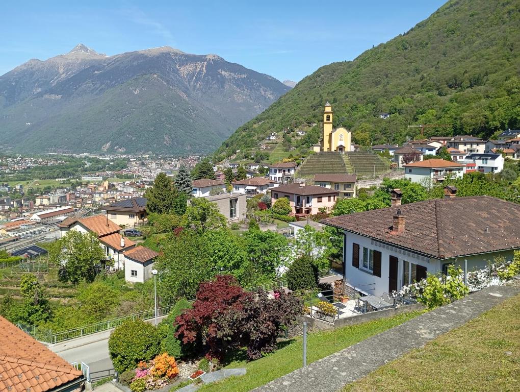 a small town with a mountain in the background at Casa Willo in Bellinzona