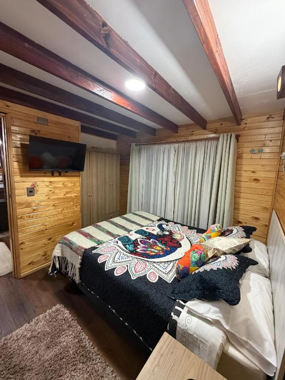 a bedroom with a bed and a flat screen tv at Cabaña de campo in Castro