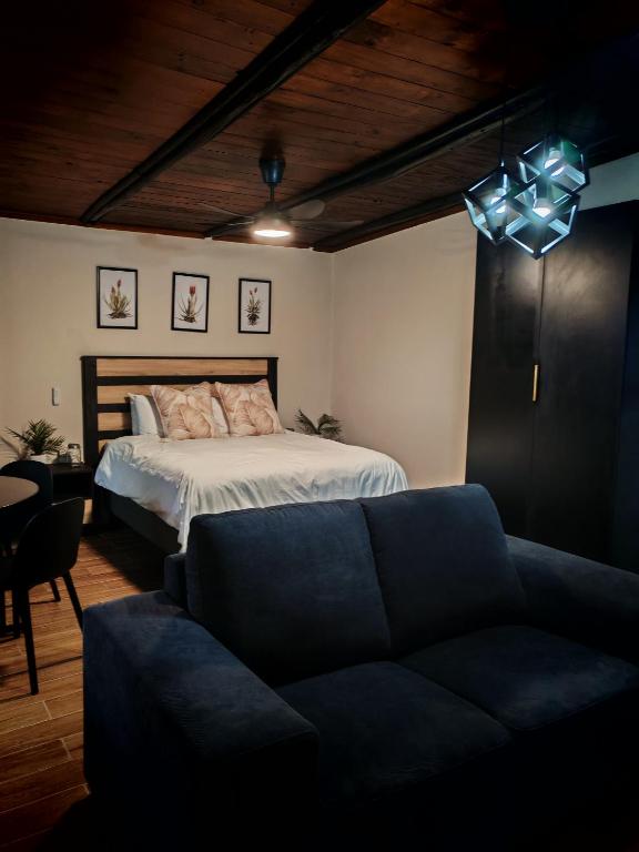 a bedroom with a bed and a couch in it at Grey Falcon Ridge in Albinia