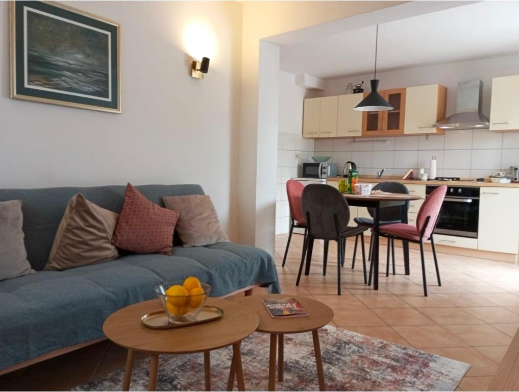 ein Wohnzimmer mit einem blauen Sofa und einem Tisch in der Unterkunft Joy4You in Čilipi