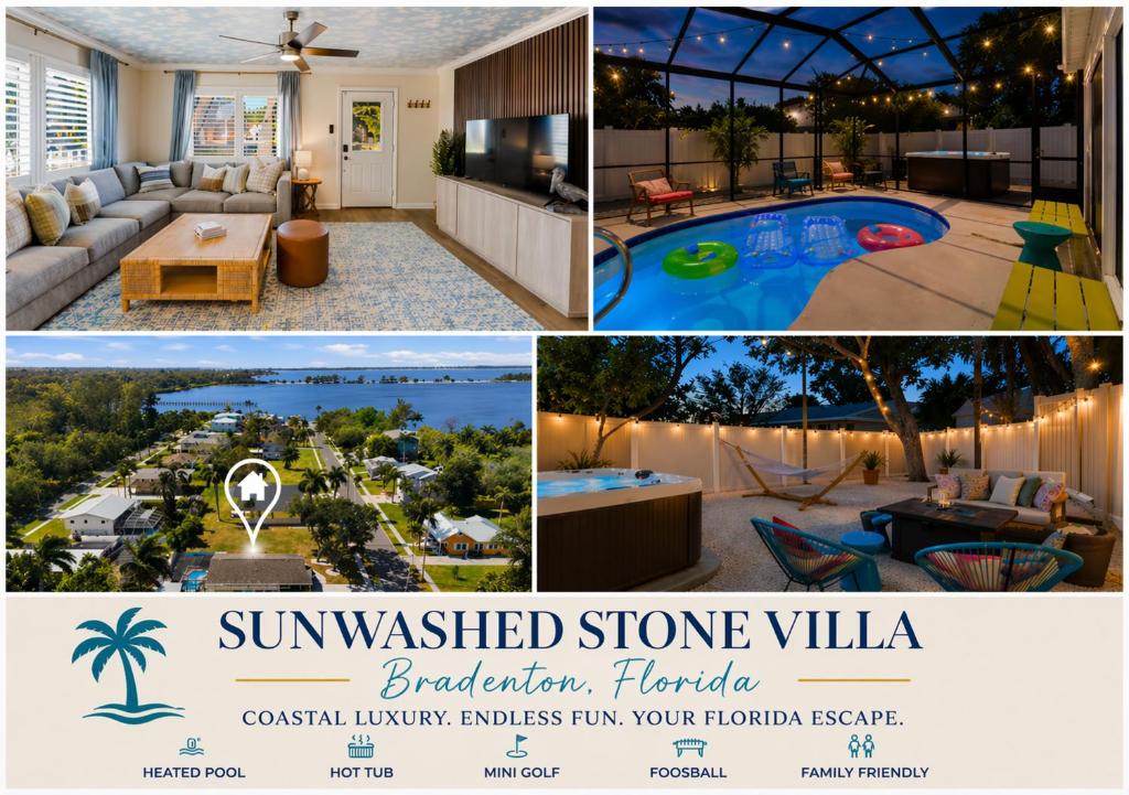 a collage of pictures of a home with a swimming pool at Sunwashed Stone Villa with Heated Pool, Hot Tub & Mini Golf in Bradenton