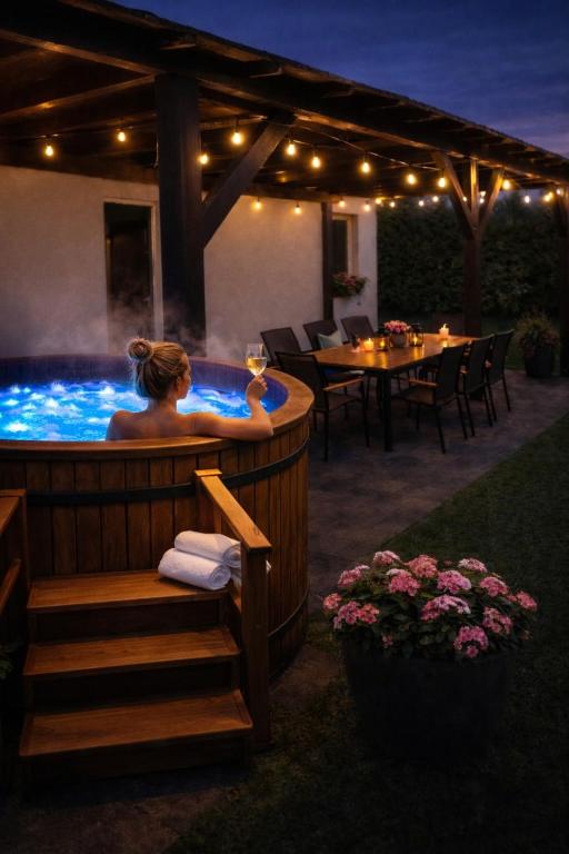 a woman sitting in a hot tub in a backyard at Całoroczny Domek Chill in Sława