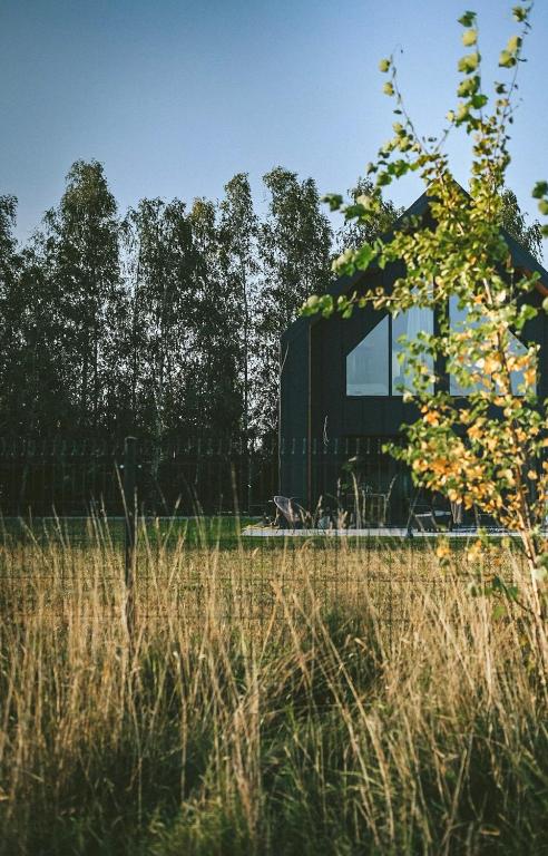 a black building in a field with tall grass at Wolne Domy in Dominikowice