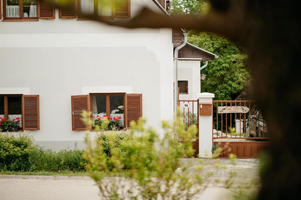 a white house with windows and flowers in the yard at Pajtás Vendégház in Örvényes
