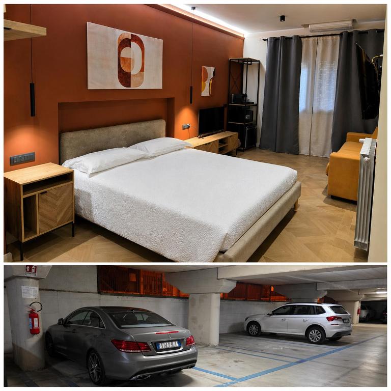 two pictures of a bedroom with a bed and a car at Centro & Mare - Rooms - Garage - Suites in Termoli