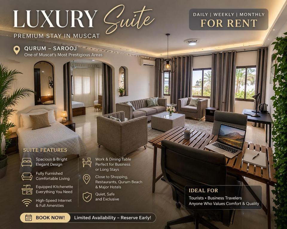 a flyer for aluxury suite in a living room at Waterfront in Muscat
