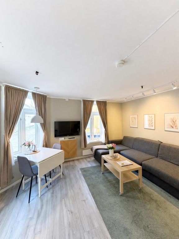 a living room with a couch and a table at Stor attraktiv studioleilighet i sentrum in Trondheim