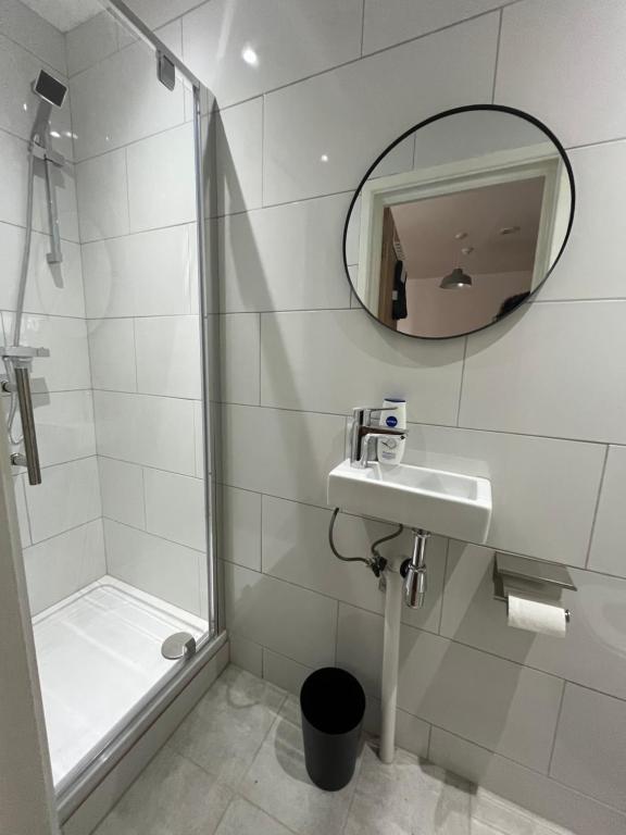 a bathroom with a sink and a mirror and a shower at Casa Azul in Plumstead