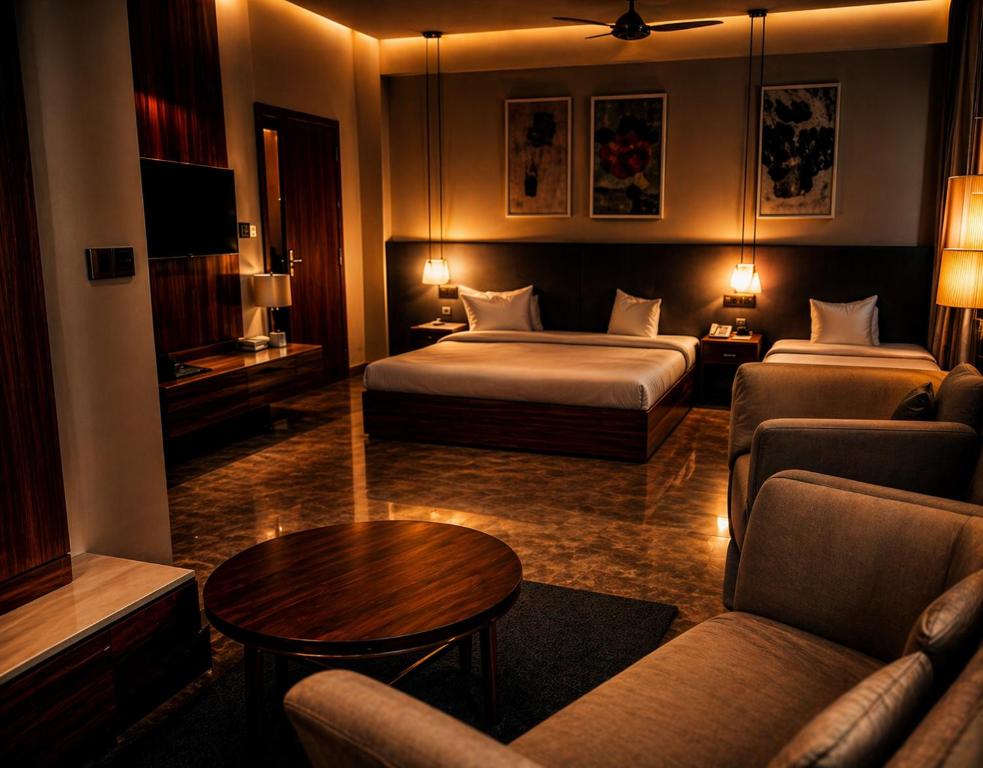 a hotel room with two beds and a table at Hotel Star Islamabad in Islamabad