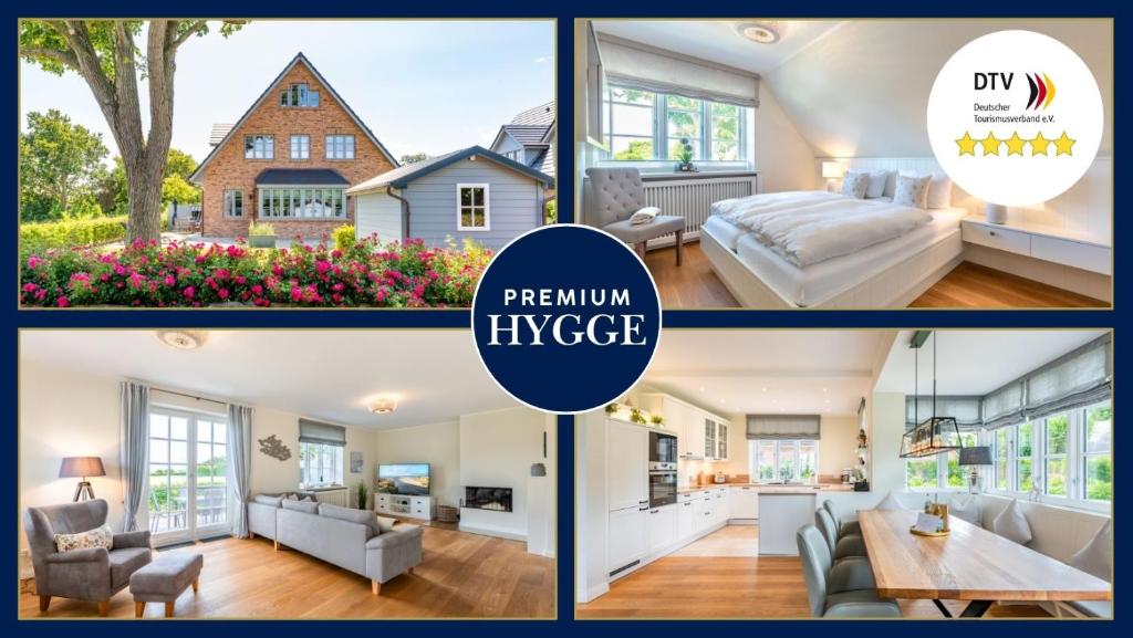 a collage of pictures of a living room and a house at Caras Hus in Midlum