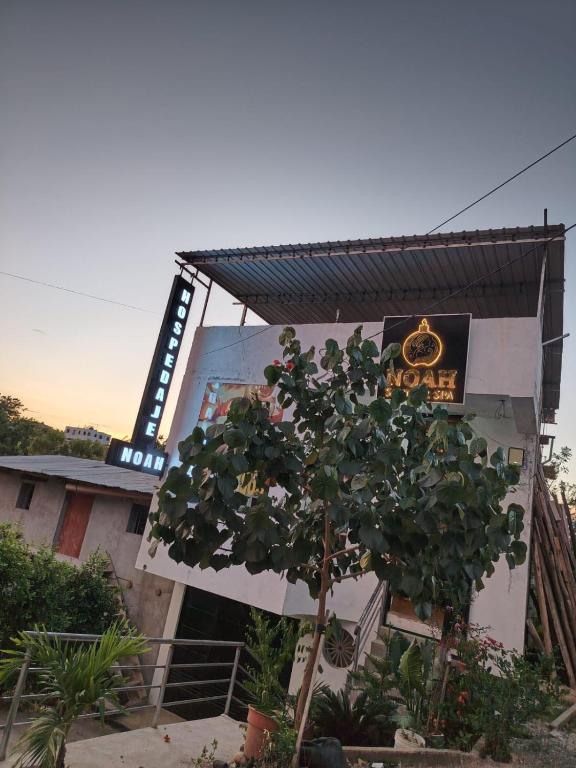 a tree in front of a building with a sign at Hospedaje SAUNA & SPA NOAH in Bagua Grande