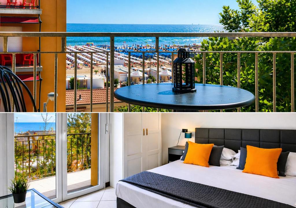 a room with a bed and a balcony with a view of the beach at APPARTAMENTI LEONE - Vista Mare - Pet Friendly in Rimini