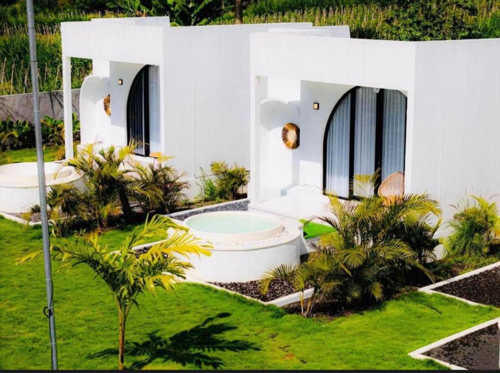 a white house with a yard with grass and trees at Hideout Kintamani and Hot Spring in Kintamani